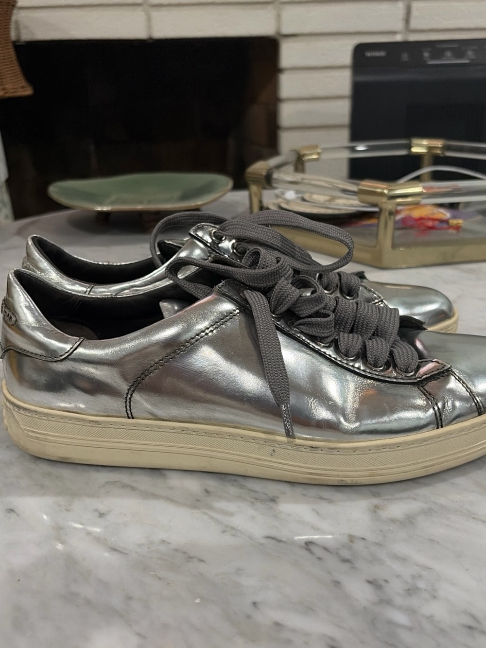 Tom Ford Metallic Silver Low-Top Sneakers with Gray Laces